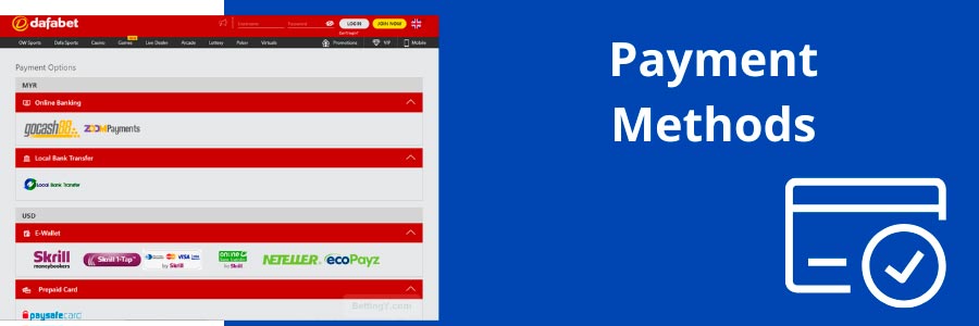 Dafabet payment methods used by the Dafabet betting platform